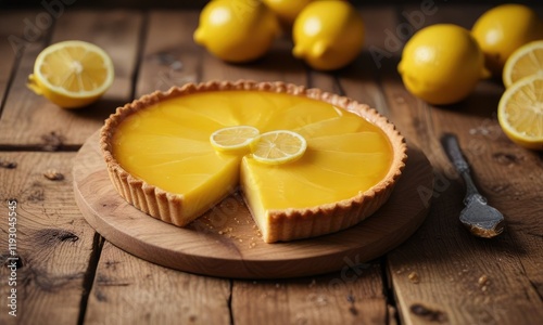 A perfectly golden lemon tart with a smooth glaze sits on a rustic wooden table , wooden, perfect photo