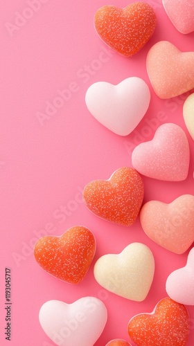Modern candy hearts on vibrant background concept. Colorful candy hearts scattered on a pink background