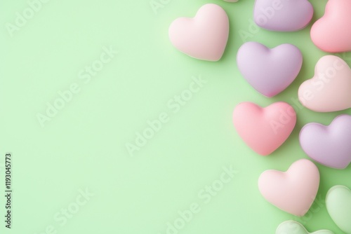 Modern candy hearts on vibrant background concept. Colorful heart candies on a soft green background