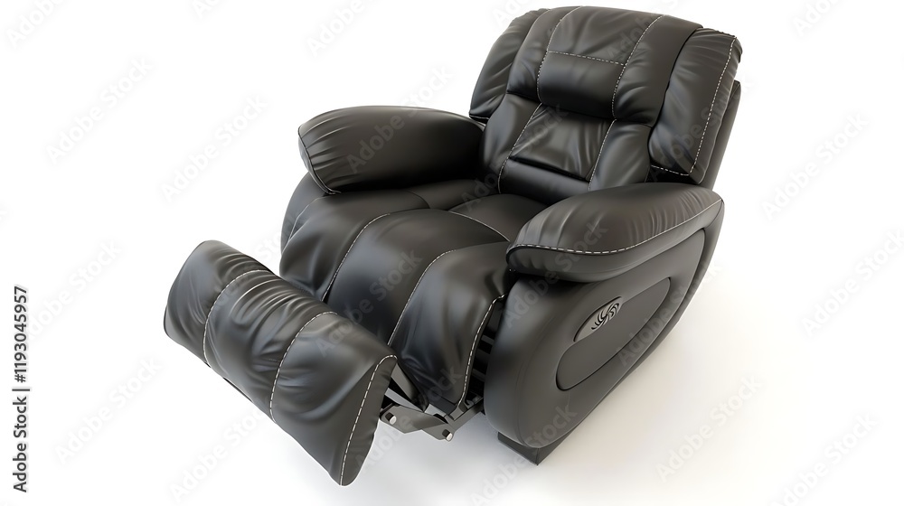 Fototapeta premium Black leather recliner chair is fully extended with the footrest up, isolated on a white background.