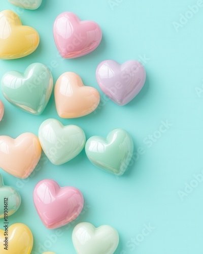 Modern candy hearts on vibrant background concept. Colorful heart-shaped candies on a blue background
