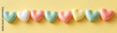 Modern candy hearts on vibrant background concept. Colorful heart-shaped candies arranged on a yellow background
