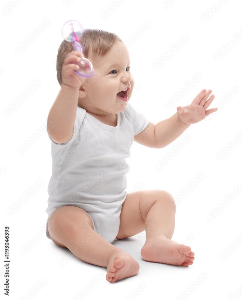 Cute little baby with toy on white background Cute little baby with toy on white background