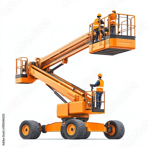 A bright orange aerial lift with workers operating it, showcasing construction equipment designed for reaching elevated areas safely.