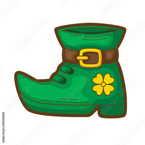 Green elf shoe with brown buckle and yellow flower decoration is perfect for fantasy themed designs and holiday greeting cards