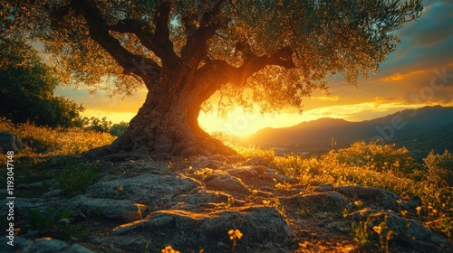 Majestic olive tree at sunset, golden light illuminating landscape.