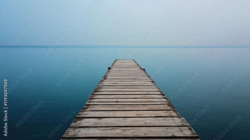 Serene wooden dock extending into a calm, misty lake. Serene wooden dock extending into a calm, misty lake.