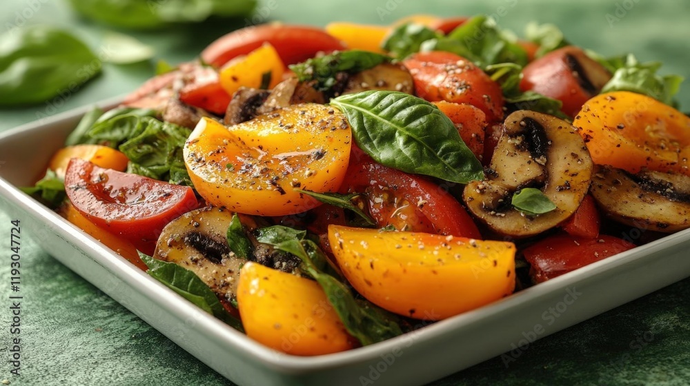 Vibrant Grilled Tomato and Mushroom Salad with Fresh Basil and Spinach Vibrant Grilled Tomato and Mushroom Salad with Fresh Basil and Spinach