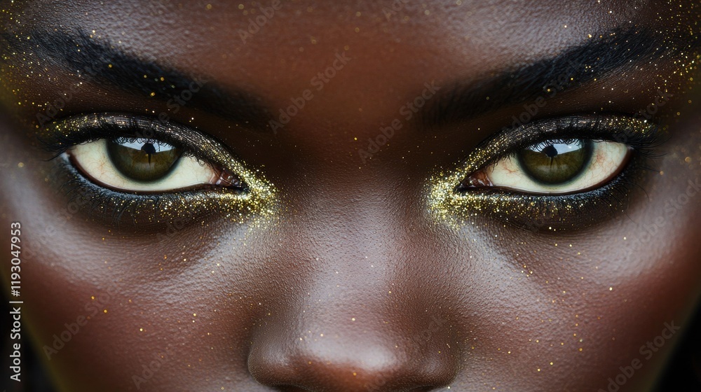 Fototapeta premium Close-Up of Striking Eyes with Glitter Makeup and Dark Skin Tone