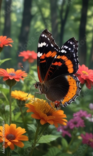 A red admiral butterfly alighting on a brightly colored flower in the forest, butterfly, vibrant hues photo