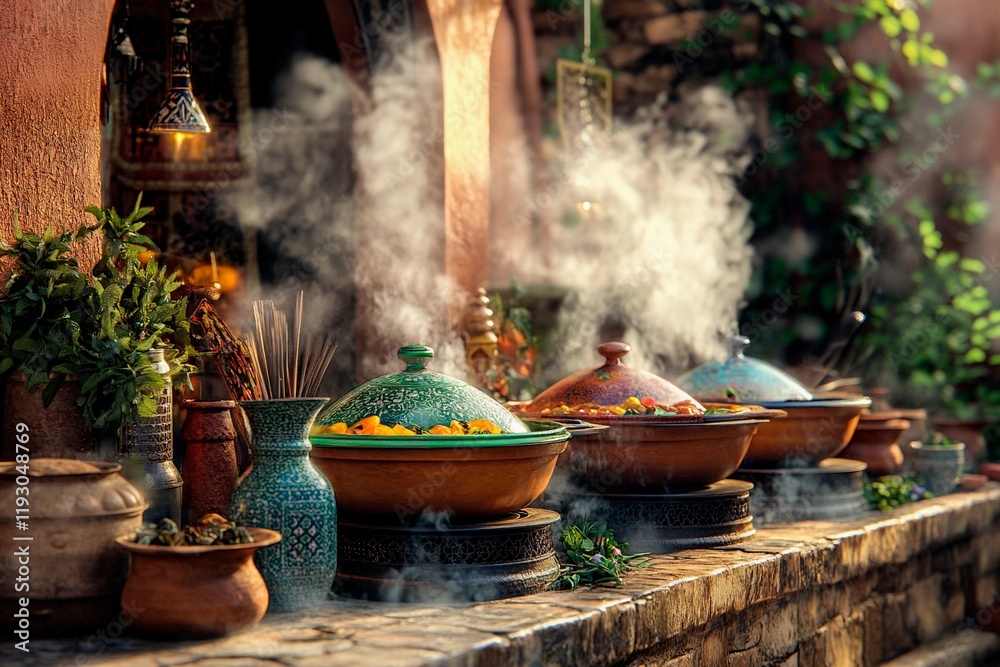 Delicious aromas rise from traditional pots on a sunlit outdoor kitchen Delicious aromas rise from traditional pots on a sunlit outdoor kitchen