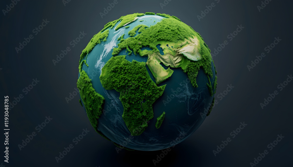 Digital green planet of Earth, 3D animation, angled photoshot, with white tones