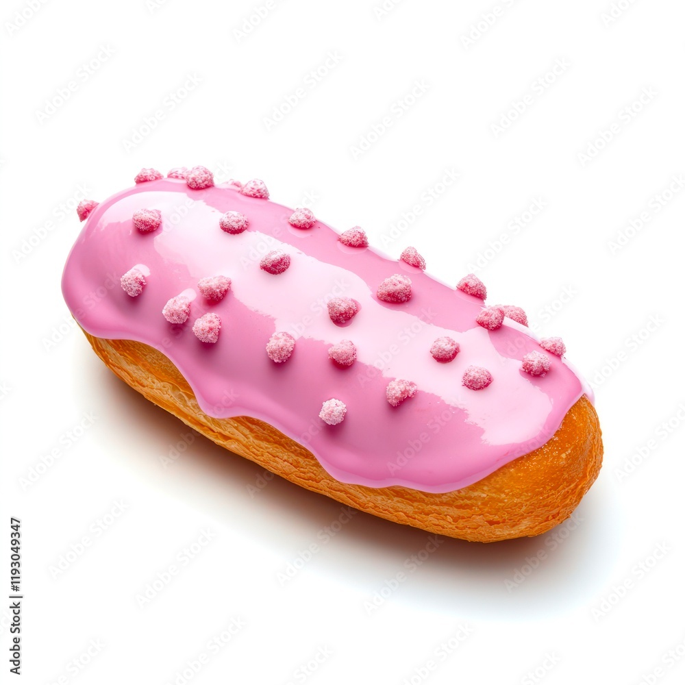 Eclair with pink icing isolated on white background. Eclair with pink icing isolated on white background.