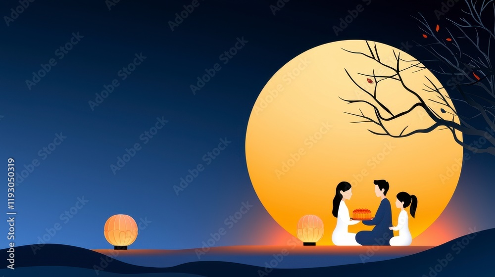 Family Gathering Under the Full Moon with Lanterns and Trees Family Gathering Under the Full Moon with Lanterns and Trees