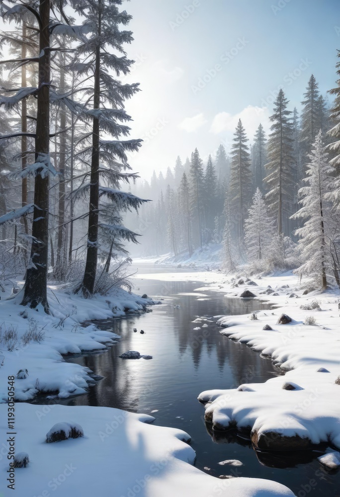 Fototapeta premium A snow-covered forest with a frozen lake in the background, shimmering ice, gentle breeze