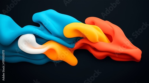 3D render of three colored abstract shapes in blue, orange, and white, flowing together on a black background, close-up.