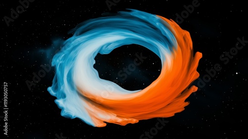 3D rendering of a swirling black hole with orange and blue colors in the cosmos.