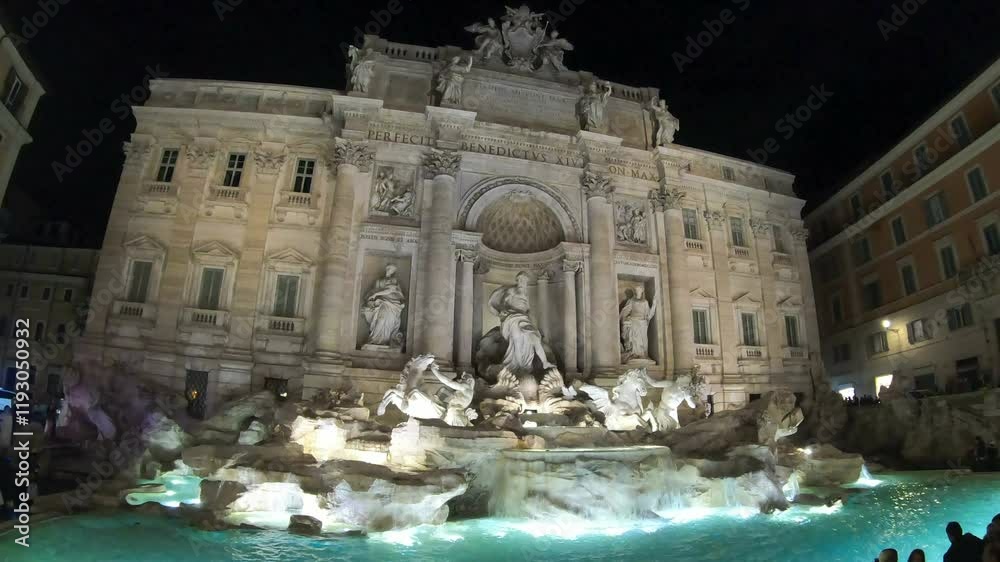 The magnificent Trevi Fountain, illuminated at night, showcases its breathtaking sculptures and water features, attracting visitors from around the world. The magnificent Trevi Fountain, illuminated at night, showcases its breathtaking sculptures and water features, attracting visitors from around the world.