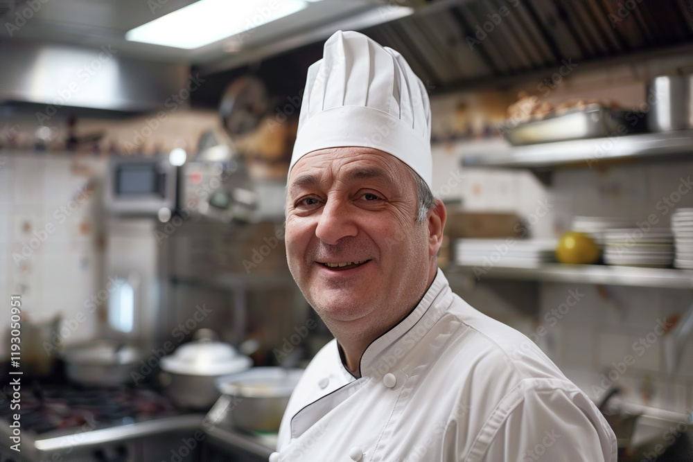 A smiling chef stands in a kitchen with pots and pans around him. Professionalism, taste and quality. A smiling chef stands in a kitchen with pots and pans around him. Professionalism, taste and quality.