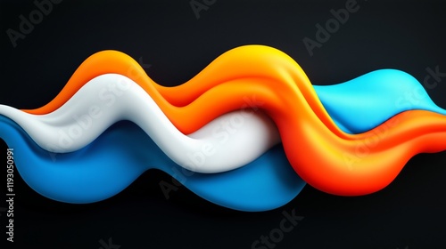 3D render of an abstract, colorful, wavy shape on a black background, with orange, blue, and white colors. 