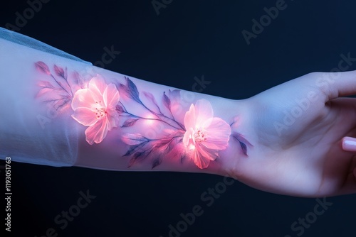 A glowing UV ink tattoo on a forearm, showing its vibrant colors in the dark