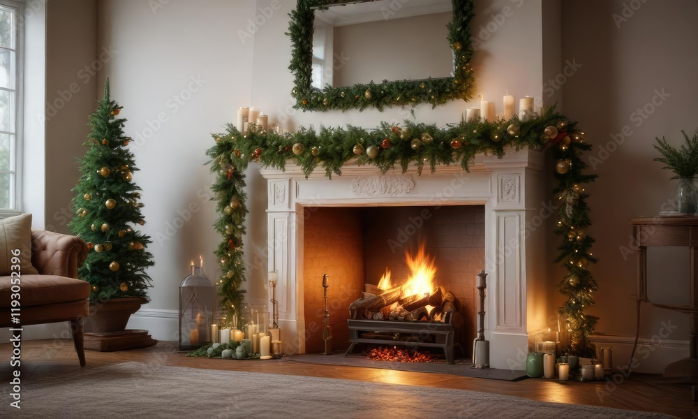 Fototapeta premium A beautifully decorated fireplace with garlands and greenery on Christmas Eve, greenery, garlands
