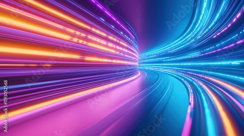 Vibrant light trails create a sense of motion through a futuristic tunnel.