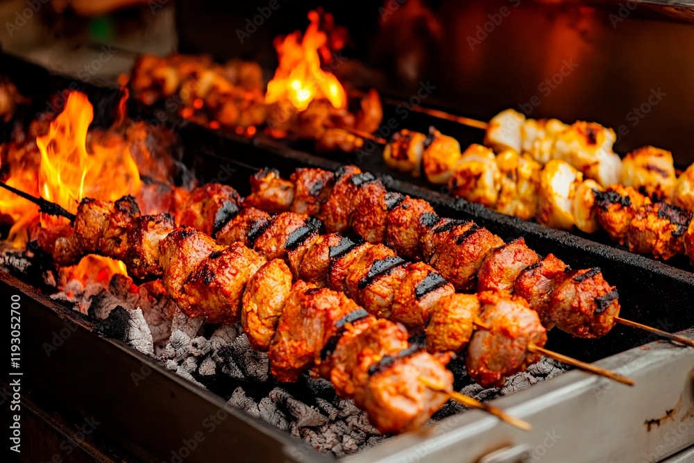 Savory skewers sizzling over an open flame in a lively street food market at dusk Savory skewers sizzling over an open flame in a lively street food market at dusk