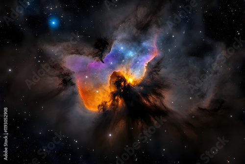Colorful nebula showcases cosmic beauty in dark space, revealing vibrant gases and distant stars amidst swirling clouds