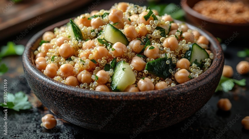 Wholesome Quinoa and Chickpea Salad with Cucumbers in a Rustic Bowl Wholesome Quinoa and Chickpea Salad with Cucumbers in a Rustic Bowl