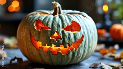 Carved pumpkin with spooky face, glowing inside, set in autumn ambiance  Perfect for Halloween decor and festivities photo