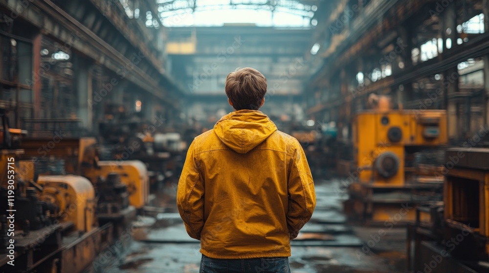 Man in yellow jacket standing in large industrial factory. Man in yellow jacket standing in large industrial factory.