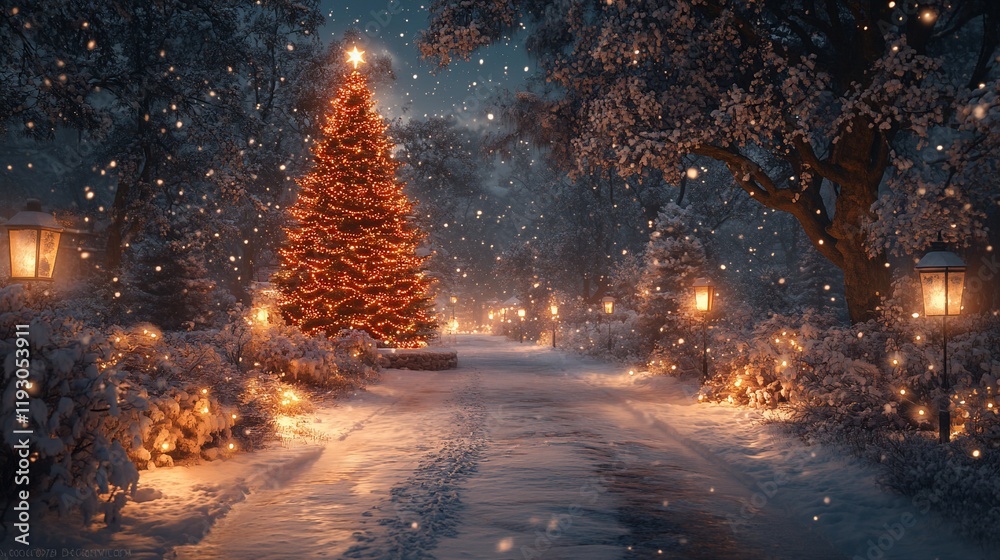 Naklejka premium Snowy park path, Christmas tree, night. Festive winter scene, holiday card