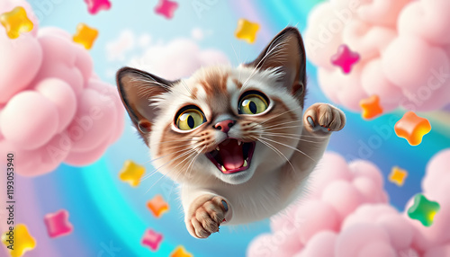 Adorable 3D Cartoon Kitten Joyfully Flying Through Sweet Gummy C photo