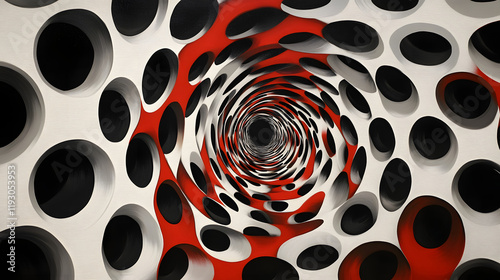 A hypnotic abstract design of concentric circles in alternating shades of black, white, and red, creating a visually striking optical illusion 
