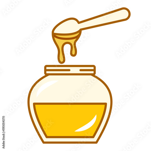 Honey jar and tea spoon line icon vector isolated. Illustration of delicious natural golden product. Sweet food on spoon. Jar full of honey.