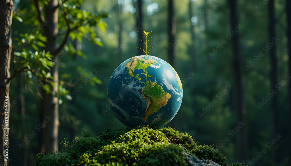 Earth Day - Growing Plant On Globe In The Green Forest - Environment Concept, Dynamic motion, with white tones Earth Day - Growing Plant On Globe In The Green Forest - Environment Concept, Dynamic motion, with white tones