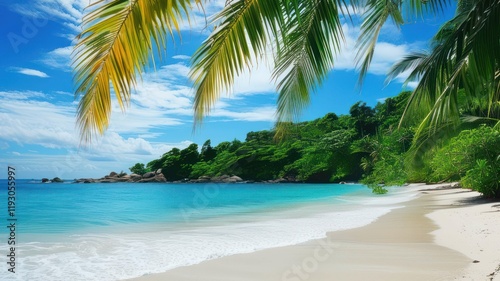 Tropical beach scene with palm trees and clear blue water, ideal for vacation and relaxation