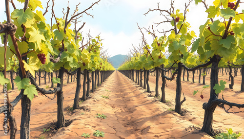 Closeup of parched grapevines in a drought-stricken vineyard plantation, with cracked earth beneath, watercolor illustration, vintage, with white tones