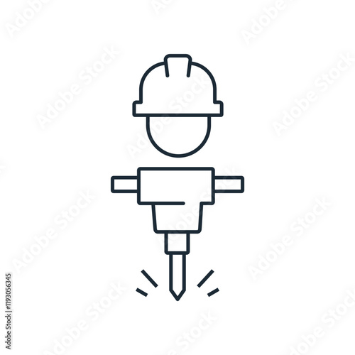 Worker with construction equipment. Repair and construction, restoration work.Service maintenance. Vector linear icon isolated on white background.
