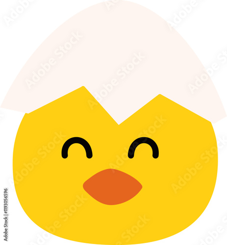 Cute little chick head flat vector. 
Yellow chick cartoon with cracked eggshell on head isolated.
Chick hatching.
Newborn chick avatar.
Easter themed icon.
Transparent background.