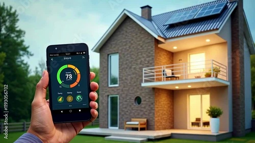 An energy-efficient home controlled by a smart thermostat and solar power system, with a tablet showing real-time energy usage, demonstrating how IoT assists in managing home energy consumption.