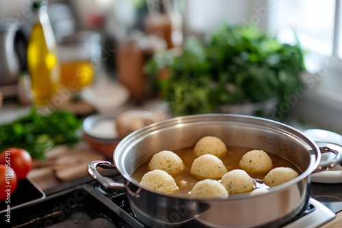 Traditional Matzo Ball Soup Preparation for Passover Holiday   photo