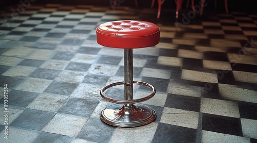 Bright red stool stands out against classic checkered floor, evo