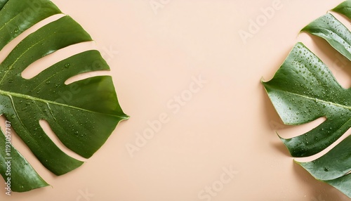 Dewy monstera leaves photographed close up on a plain background, there is an empty space for text. Wallpaper, banner, background.