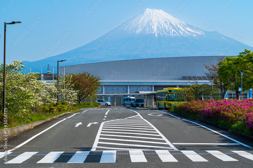 Road and industrail factory area in FujiNomiya city with Fuji mountain and blue sky background view, Fujinomiya City, Shizuoka, Japan