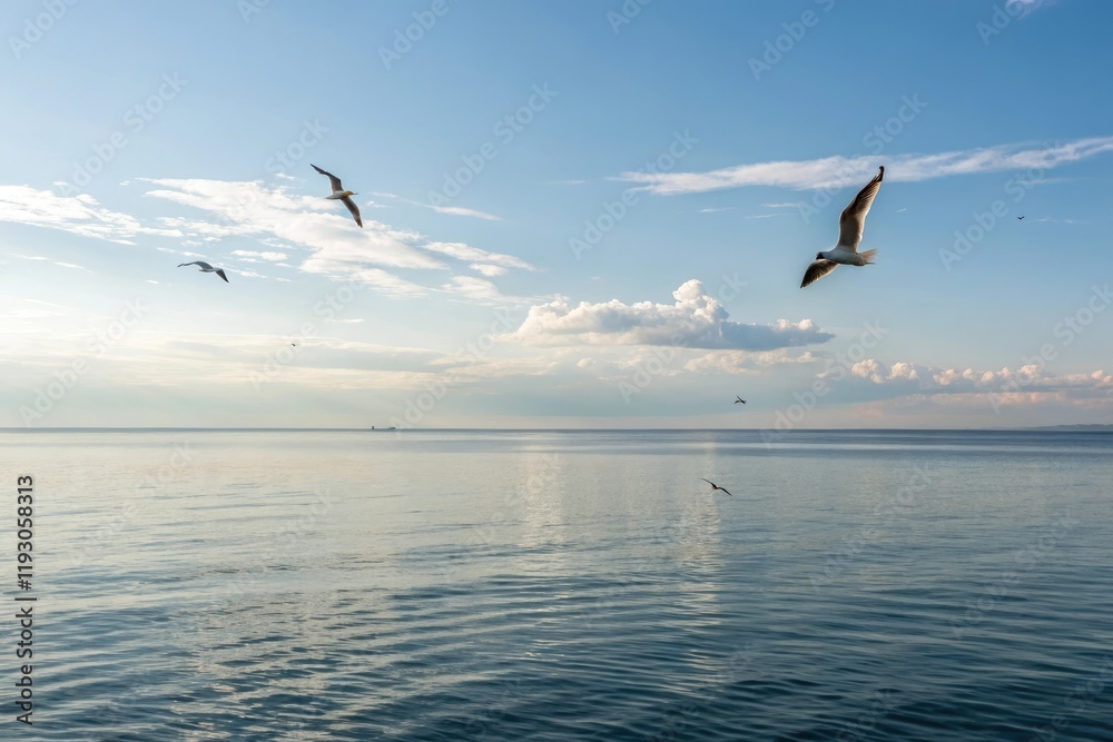 Naklejka premium A calm sea with a few seagulls flying overhead, clear skies, peaceful atmosphere