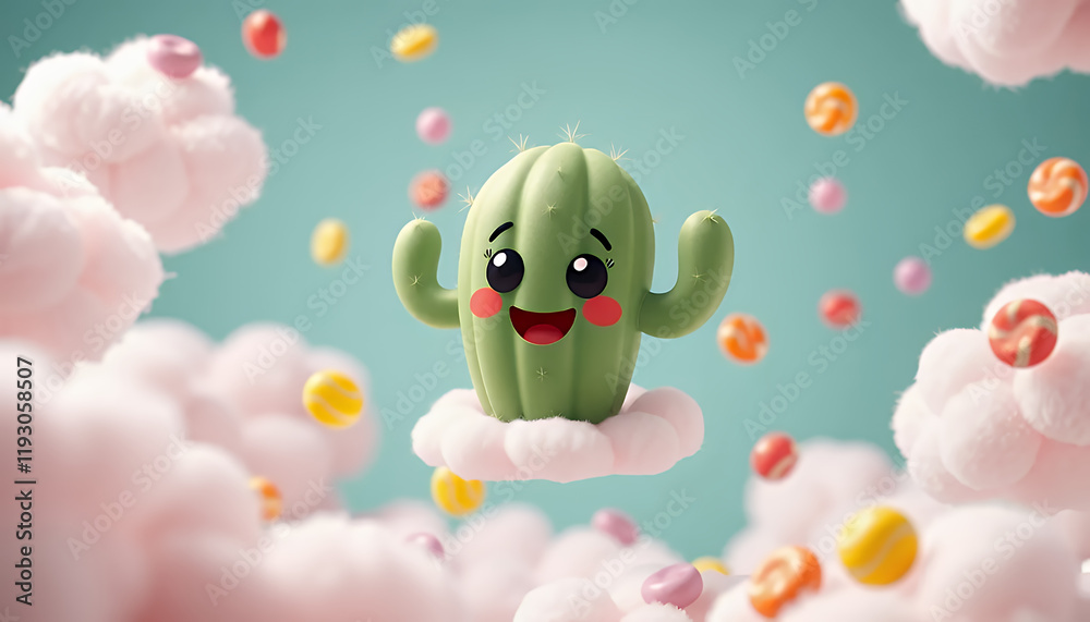 Joyful Cartoon Cactus Floating on Candy Clouds, Whimsical 3D Ill Joyful Cartoon Cactus Floating on Candy Clouds, Whimsical 3D Ill
