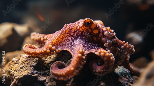 A vivid octopus sprawls over a rugged rocky ocean floor, displaying its intricate patterns and colors while blending seamlessly with its marine environment. photo