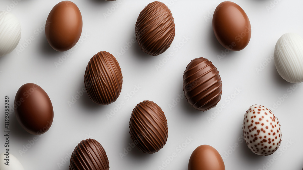 Chocolate Easter Egg Arrangement: A delightful arrangement of chocolate easter eggs in various shades of brown and white, creating a visually appealing and festive pattern. Chocolate Easter Egg Arrangement: A delightful arrangement of chocolate easter eggs in various shades of brown and white, creating a visually appealing and festive pattern.